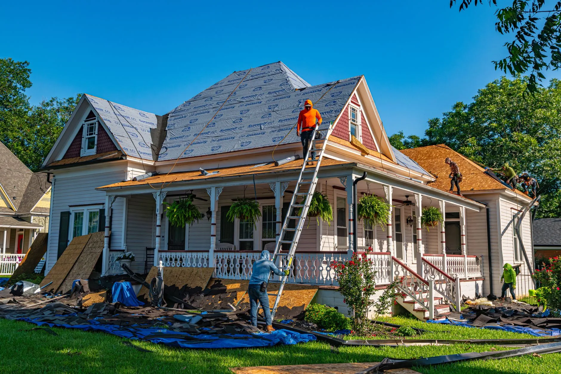Roofing crew completing a tear-off and install in a single day on a Cleveland-area home